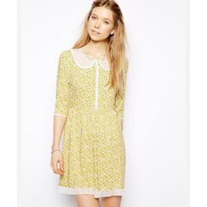 Little White Lies Yellow Floral + Mesh Trim Twee Mini Dress - Medium